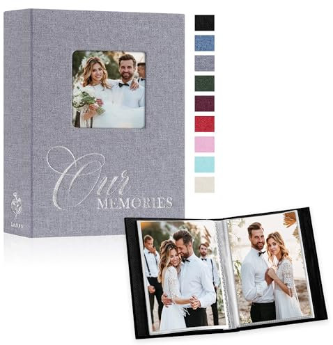 Lanpn Fotoalbum 10x15 100 Fotos 2 Packungen, OUR MEMORIES Mini Klein Leinen fensterdesign Einstecken Einsteckalbum für Vertikal Fotos Bilder (Grau)