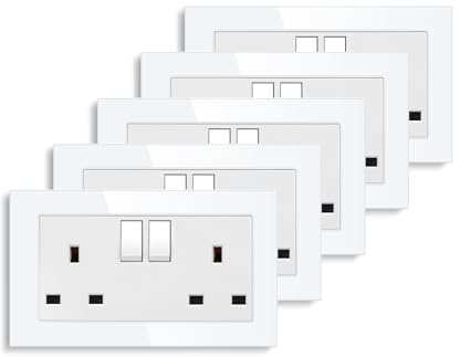 CNBINGO 5-Pack Double Switched Power Socket with Glass Panel, White | Wall Outlet with Power Switch, 2 Gang 13 Amp Electric Socket with Tempered Glass Panel, DIY install. Ideal for Home Office