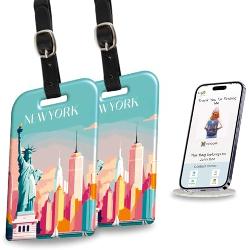 Lot de 2 étiquettes de sac intelligentes tag8 New York | Étiquette de bagage tendance | Conforme aux normes des compagnies aériennes, SITA World Tracer Code activé | Idée cadeau de voyage, objet de
