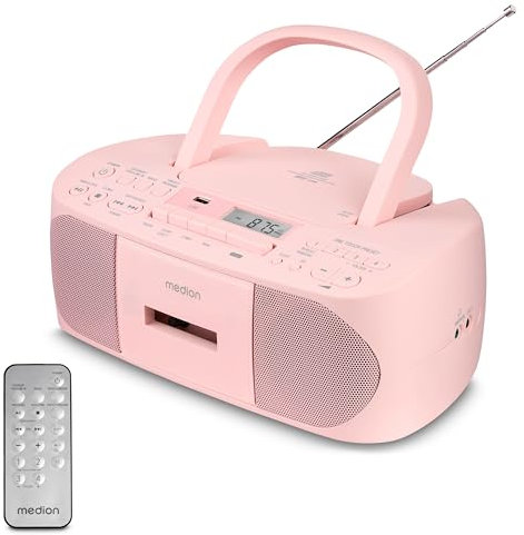 MEDION E65010 Radio stéréo (Lecteur CD, Cassette, Port USB, entrée Audio AUX, Lecture MP3. Radio FM PLL,40 mémoires de Stations, Fonctionnement sur Piles, télécommande) Rose