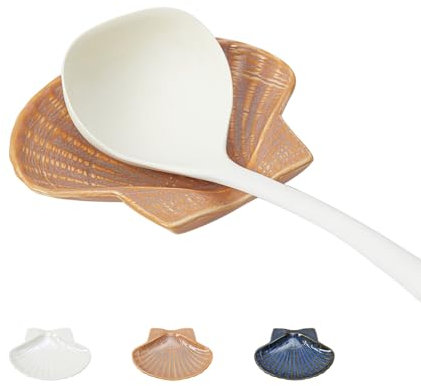 Pretty Jolly Ceramic Spoon Rest for Stove Top Shell Shape Large Kitchen Spoon Holder for Counter Brown Utensil Rest for Coffee Bar Home Decorative Cooking Spatula Rest 5.9in