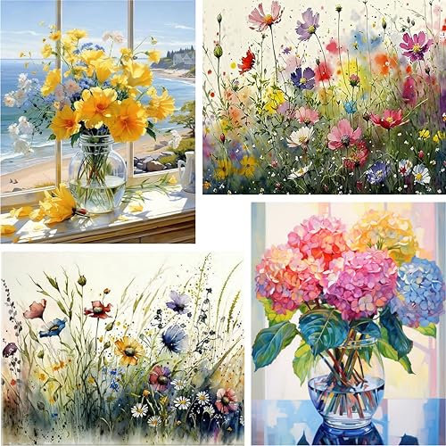 Yunruily 4 Pack Flowers Paint by Numbers for Adults-Number Painting Flowers,Paint by Number Canvas Gifts Home Wall Decor 12x16inch