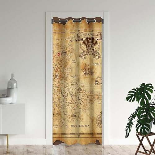 ZZTBQ Karte Türvorhang Westliche Schatzkarte Blickdicht Thermo Gardinen Vorhang Welt Karte Blackout Vorhang mit Ösen Insel Route Karte Piraten für Schlafzimmer Tür Schrank Vorhang 106x203cm