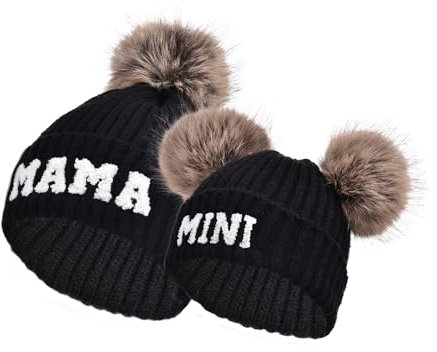 Yanmucy Mommy and Me Beanies Strickmütze mit niedlicher Mama und Mini-Stickerei, warme Wintermütze, passende Skimütze mit abnehmbarem Bommel, 2 Stück, Schwarz , One Size-8 Years