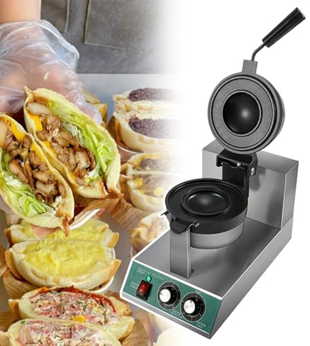 json2xml Kommerzieller Burger-Waffel-Bäcker, 1300 W, antihaftbeschichtete elektrische Burger-Presse, Temperaturregelung 50–300 °C, 5-Minuten-Timer, runder Toastie-Maker mit tiefer Füllung,Single