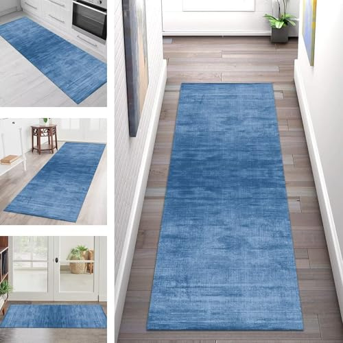 Teppich Läufer Flur Küche rutschfest Waschbar Teppichläufer Flur Hellblau 60X150CM Modern Teppichläufer Fußmatte Polyester Anpassbar für Vorzimmer Eingangsbereich Schlafzimmer Wohnzimmer Küche