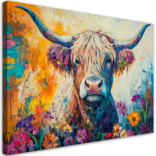 Feeby Bilder - Foto Geschenk - Farbige Schottische Kuh Blumen - 90x60 cm 1tlg - Leinwandbilder Wohnzimmer - Wandbild über dem Bett - Bild Schlafzimmer - Aesthetic Zimmer Deko - Modern Pictures