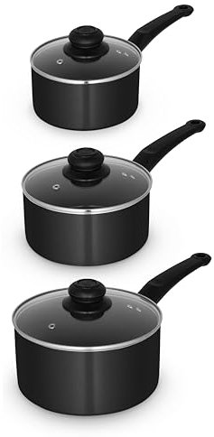 Swan SWPS5023BLK Townhouse 3 Piece Saucepan Set with 16/18/20cm saucepans with Glass Lids, Bakelite Handles, Suitable for All Hob Types (excluding induction), Oven Safe, Black