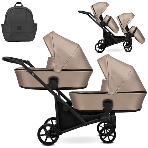Kunert BRAV DUO Zwillingskinderwagen 2 in 1 + Zubehör: Komfort, Sicherheit, Praktikabilität, elegantes und funktionales Design, vielseitiges System, Aluminiumrahmen (Kunstleder/schwarzer Rahmen)