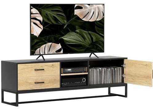 HOMCOM Mueble TV de 60 pulgadas con 2 cajones, armario con bisagras amortiguadas y estantes abiertos, ajustable a 3 niveles, mueble para TV con 2 agujeros pasacables, para salón, madera natural y