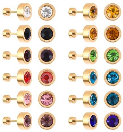 JMFENFA 12 Paare Edelstahl flach zurück Ohrstecker vergoldet Schraube zurück rundes Herz Stern Blume Geburtsstein kubischer Zirkon Ohrstecker Set