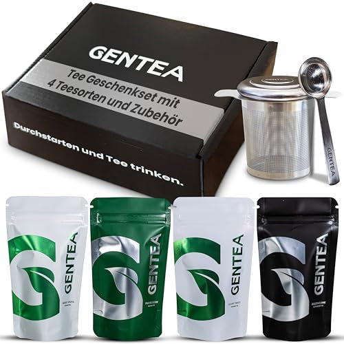 Gentea® Tee Geschenkset | Tee Set Geschenk mit 4 Sorten loser Tee Grün, Schwarz, Weiß, Oolong | Einsteigerset inkl. Teesieb & Dosierlöffel | perfektes Teegeschenk für Einsteiger und Genießer