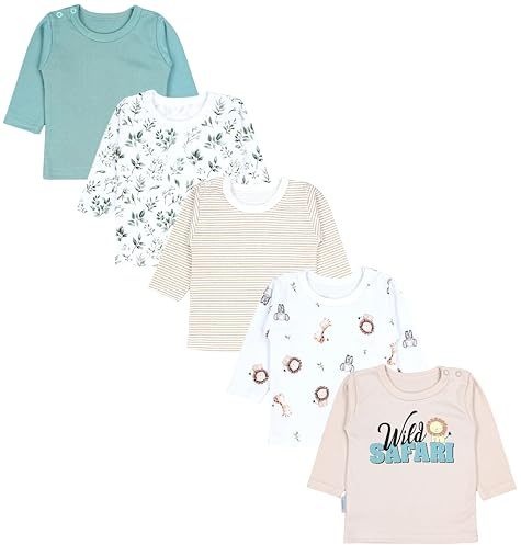 TupTam Baby Jungen Langarmshirt Gestreift 5er Set, Farbe: Tiersafari Blätter Salbei Beige Streifen, Größe: 74