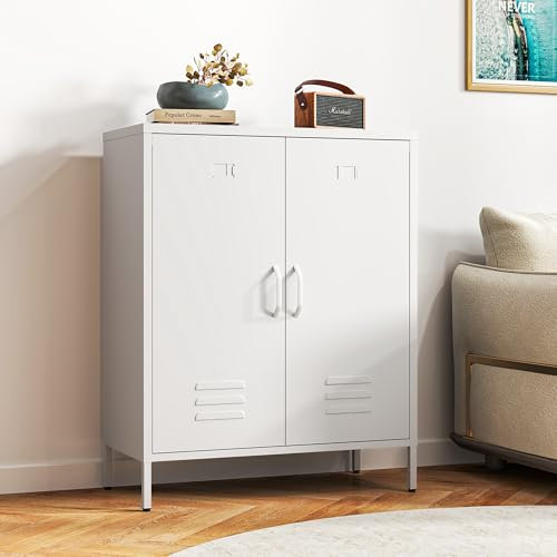 Kommode Optimierter Belüftung – Metall Sideboard mit Doppeltür, Metall Kommode verstellbaren Regalböden, stabil & langlebig, mit durchdachter Anleitung,Mehrzweckschrank (Weiß)