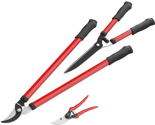 Outsunny Lot de 3 cisailles de jardin, ensemble de coupe pour jardinage, coupe-branches de 65 cm, taille-haie de 51,5 cm, sécateur de 20 cm, avec poignée souple, rouge