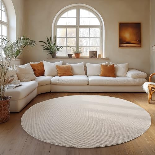 Carpettex Teppich Rund 160 cm Creme Einfarbig Bouclé Schlingenflor Skandi Stil Modern Weich Strapazierfähig Pflegeleicht großer runder Teppich für Wohnzimmer Esszimmer Schlafzimmer