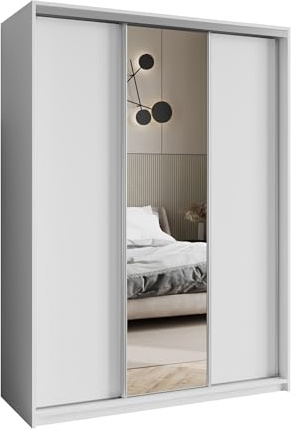 Masseno Schwebetürenschrank TAVI 150/205/60 cm Kleiderschrank mit Schubladen Schlafzimmer Schiebetürenschrank 3-türig mit Spiegel Weiß + Satin
