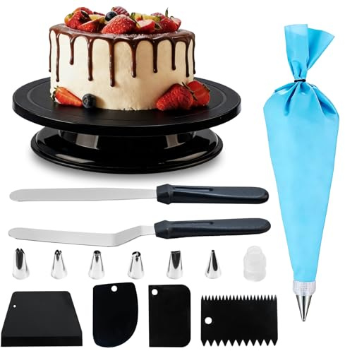 1 Stk Tortenplatte Drehbar, Torten Drehplatte Kuchenständer, Drehbarer Tortenständer, Kuchen Drehteller, Torten Zubehör, mit 2 Stk 10 Zoll Spateln, 4 Schabern, 8 Spritzbeuteln Spritzspitzen (Schwarz)
