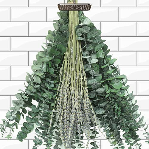 115 Pcs Mixed Dried Eucalyptus Stems & Lavender Flowers Bundles for Shower | 17'' Natural Eucalyptus Leaves, Real Branches, Hanging Shower Plant, Home SPA Fragrance, Wedding, Table Vase Filler, Bathroom