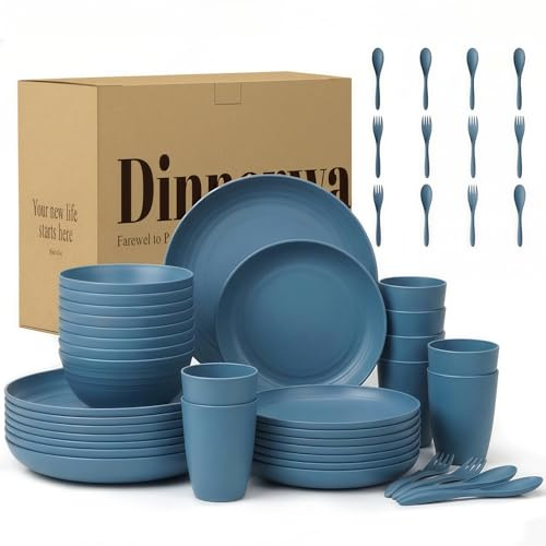 Wrova Set da tavola infrangibile, 48 pezzi, servizio per 8 persone, set di posate in plastica riutilizzabili, piatti, ciotole, tazze, forchette e cucchiai, adatti al microonde e alla lavastoviglie