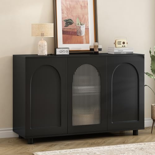 Generisch Aparador en forma de U negro con puerta de cristal y apertura push-open - Elegante mueble de almacenamiento para cocina, salón, comedor | Construcción estable | Compartimentos ajustables