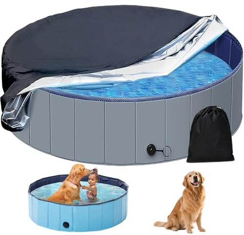 LYPPUL Poolabdeckung Rund, 160 x 30cm Hundepool Abdeckung, Kinderpool Planschbecken Abdeckung, Abdeckung für Hundepool UV-Schutz, Faltbare Wasserdicht Rund poolabdeckung für Hund und Kinderpool