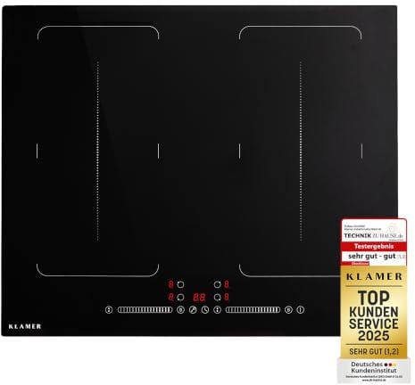 KLAMER Induktionskochfeld 60 cm, 4 Zonen: 2 Flexzonen, 7400 W | Boost, 9 Stufen, Slider Control, 99-Minuten-Timer, Kindersicherung, Abschaltautomatik, kratz- und bruchfeste Glasfläche