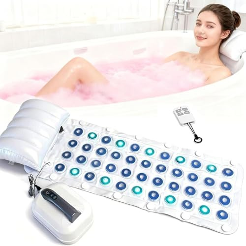 Bubble - Tappetino da bagno (124,5 x 43,2 cm), tappetino per massaggio completo con 7 colori di luce ambientale, 114 getti d'aria, telecomando e cuscino, 6 velocità, per vasche da bagno lisce