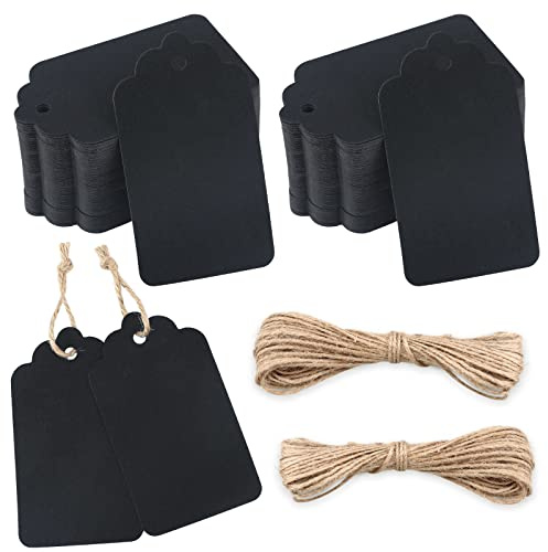 jijAcraft 100 Stück Kraftpapier Anhänger, Geschenkanhänger Etiketten 7x4 CM Anhängeetiketten mit Juteschnur, Schwarz Kraftpapier Etiketten Tags für Basteln, Geschenkverpackung, Hochzeit