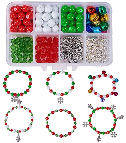 SUNNYCLUE 1 Satz DIY 6 stücke Perlen Weihnachten Armband Machen Kit DIY Handwerk Kits mit Schneeflocke Weihnachtsbaum Jingle Bells für Kinder Mädchen Frauen Erwachsene Kinder