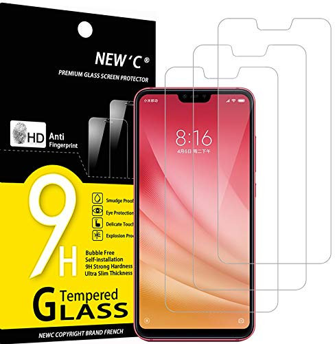 NEW'C 3 Piezas, Protector Pantalla para Xiaomi Mi 8 Lite, Mi 8X, Cristal templado Antiarañazos, Antihuellas, Sin Burbujas, Dureza 9H, 0.33 mm Ultra Transparente, Ultra Resistente