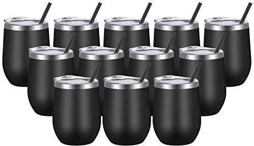 VEGOND Wine Tumblers Bulk 12 Pack, 12oz Stainless Steel Stemless Wine Glass with Lids and Straws, Double Wall Vacuum Insulated Tumbler Cup, Coffee Mug for Cold Hot Drinks