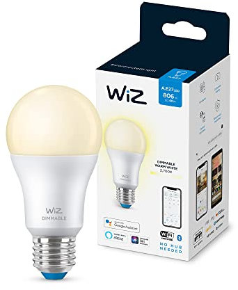 WiZ Warm White LED Lampe E27 (806 lm), 60 W 1er-Pack Lampe mit warmweißem dimmbarem Licht, smarte Lichtsteuerung über WLAN per Stimme/App