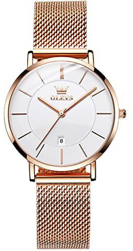 OLEVS Ladies Watches Rose Gold Stainless Steel Mesh Band Watches for Women Classic Big Face White Dial Ultra Thin Womens Watch Minimalism Waterproof Analog Quartz Dress Watch for Women