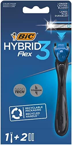 BIC Deutschland Hybrid 3 Flex Rasierer Herren, Nassrasierer mit 2 Wechselklingen mit je 3 Klingen, mit Aloe Vera & Vitamin E, aus recyceltem Material