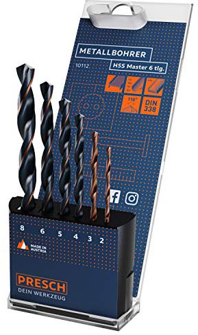 Presch Brocas para Metal HSS Master 6 pzas. - Juego Universal de brocas en Espiral de HSS para Taladrar en Acero, Aluminio, Cobre y Latón - Juego de Brocas Metal Profesionales - Ø 2-8mm