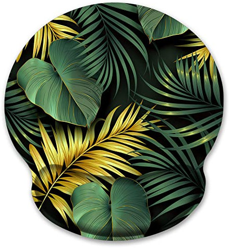 Audimi Tapis de souris avec repose-poignet - Motif feuilles vertes et dorées - Base en caoutchouc antidérapante - Pour ordinateur portable, PC, bureau, jeux