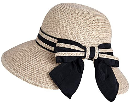 Comhats Chapeau de soleil pliable en paille pour femme avec protection solaire à large bord, 89016_Beigemix, Taille M