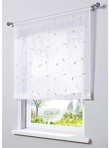 SMITHOOM Raffrollo Voile mit Blättern Bestickt Raffgardinen Gardinen für Küche Schlafzimmer Wohnzimmer Balkon Badezimmer Waschküche Hellbraun 100x120cm