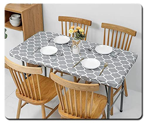 QSDGFH Elastische Vinyl-Tischdecke, Flanell-Rückseite, Rechteckig, Wasserdicht, Abwischbar, Für Outdoor, Picknick, Camping, Partys, 192 x 88 cm, Grau, Marokkanisches Muster-Design