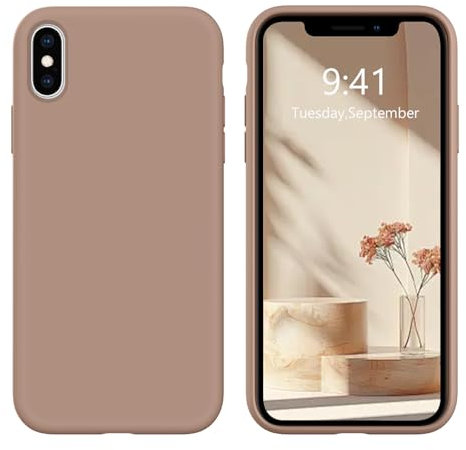 DOMAVER Coque iPhone X/XS-Silicone Case Téléphone iPhone XS Liquide, Etui Antichoc Doublure en Microfibre, Fin Housse de Protection iPhone XS/X, Brune Caramel