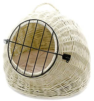 MyBer® Haustierbett Transportbox Katzen Korbhöhle Katzenhöhle Katzenkorb Hundekorb aus Weide mit Verschluß und Kissen geflochten K5-583-W-SB