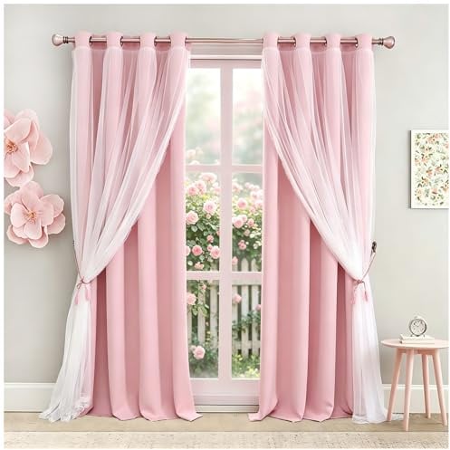 SOFJAGETQ Tende rosa a doppio strato, lunghezza 228 cm, tende oscuranti rosa con voile trasparente bianco, per camera da letto e soggiorno, tende rosa con blocco della luce, 132 x 228,6 cm