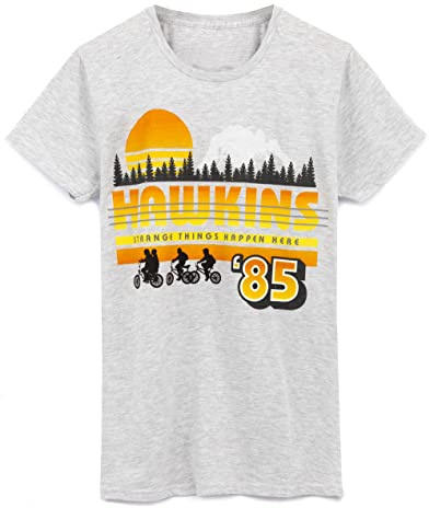Stranger Things T-Shirt for Adults | Mens Women Hawkins Town ‘85 Strange Things Happen Here Grey Outfit | Season 4 Merchandise XL