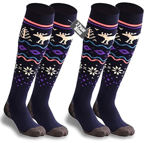 FAYHIJUN Skisocken Kinder Kniestrümpfe skistrümpfe 2 Paar 36-39 Merino wolle Performance Sportsocken Warme Wintersocken Für Mädchen Skifahren Snowboard Atmungsaktive Blau/Violett, M
