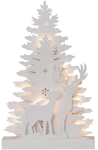 EGLO LED Weihnachtsdeko, Weihnachts-Silhouette Wald aus Holz mit Hirsch und REH, Winterlandschaft in Weiß mit batteriebetriebener Beleuchtung, warmweiß, 28 x 44 cm
