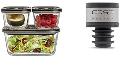 CASO VacuBoxx Eco-Set - 3 Vakuumbehälter aus Borosilikatglas & WineLock - Vakuum Aromaverschluss, 3 Stk., spümaschinengeeignet, für Flaschenhälse mit 16-19 mm Innen-Durchmesser