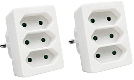 EXTRASTAR 3 en 1 Adaptador Plano con 3 Enchufes Schuko, 3 Tomas Adaptador, hasta Carge 2300W, 10A, 250V, Blanco, 2 pcs