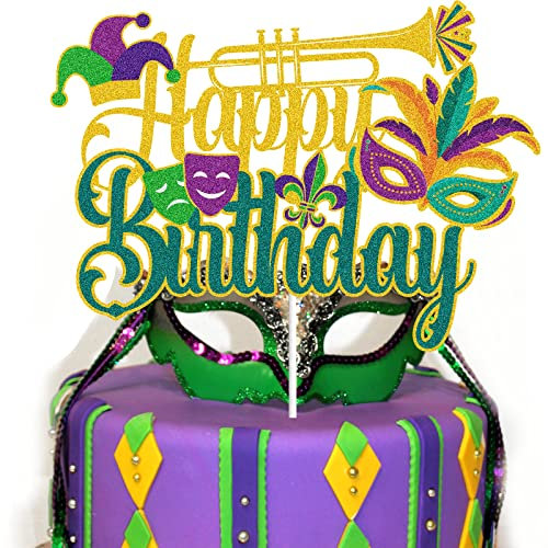 LINGBOOM Mardi Gras Happy Birthday Cake Topper, Gold Green Glitter Masquerade Mask, 1 Count, 3.7 Inches, Metallic