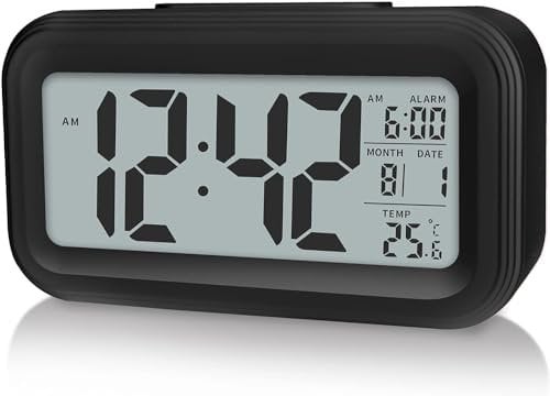 Upgraded Digital Alarm Clock, 4.3 LED Display with Temperature Larger Lound Light Control Portable Snooze Calendar Brightness with Battery Powered Alarm Clocks Bedside for Everyone (Black)